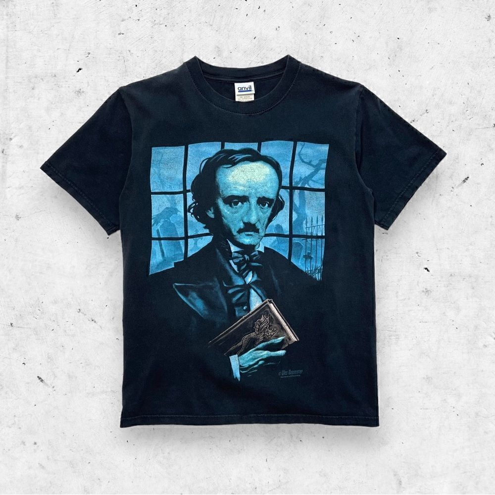 Vtg 90s Anvil Wes Benscoter Edgar Allen Poe Portrait Shirt, Poet Writer Raven, S